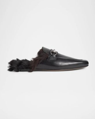 Gucci Casanova Leather & Shearling Horsebit Mules