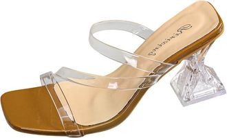 Generic Khaki Female High Heel Sandals Featuring Transparent Strap and Crystal Heel Detail, Chunky Heel Strappy Footwear for Casual Outfits