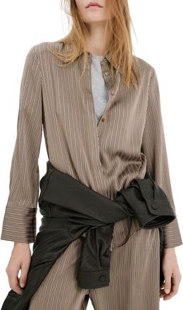 Mango Stripe Satin Button-Up Shirt in Medium Brown at Nordstrom, Size 10