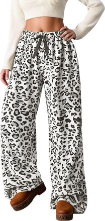 Generic Womens High Waisted Leopard Print Fuzzy Pajama Pants Loose Fit Drawstring Casual Sleepwear Trousers Black Straight Leg Women Womens Baggy Grey Sweatpa