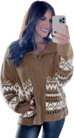 Azura Exchange Womens Zipup Fair Isle Knit Cardigan - Tan - Size X-Large