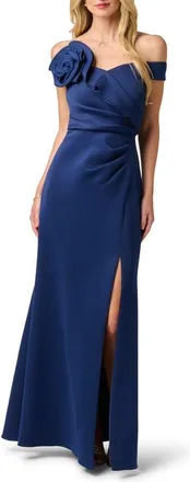 Adrianna Papell Off the Shoulder Scuba Gown in Navy Sateen at Nordstrom, Size 12