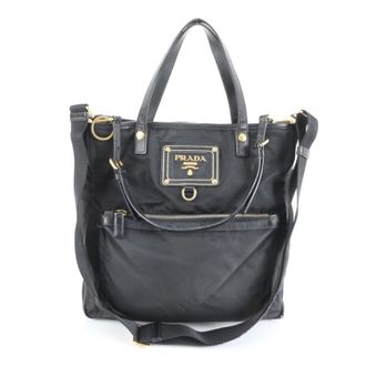 Prada Saffiano Black Nylon Leather Handbag Shoulder Bag Tote Bag (Pre-Owned)