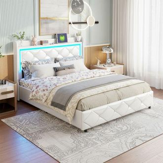 OEM Cama Lit 140x200 Pu Blanca Con Cabecero Led Y Usb - Somier Incluido, Almacenamiento Hidr&aacute;ulico
