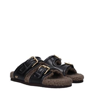 Valentino Garavani Womens Black Leather Slippers