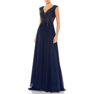 Mac Duggal Applique And Jeweled Encrusted Cap Sleeve Chiffon Gown in Navy at Nordstrom, Size 16