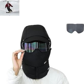 Generic Waterproof Fleece-Lined Hood, Winter Windproof Full Cover with Goggles, Waterproof Ski Cap with Detachable Mask Ear Warmer Windproof Cycling Hat