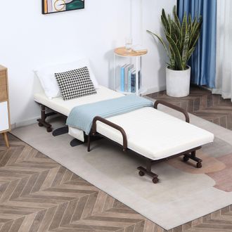 HOMCOM Folding Bed with Mattress Guest Bed with Adjustable Backrest & Wheels in White | Size: Single
