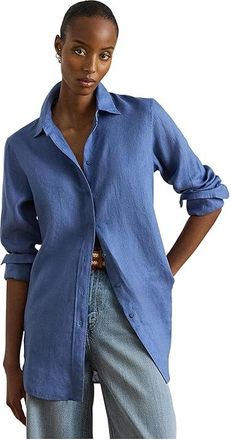 Lauren Ralph Lauren Relaxed Fit Linen Shirt Womens Clothing Carson Blue : MD