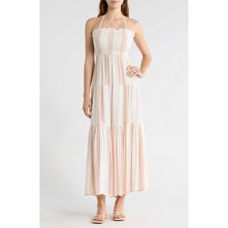 Elan Embroidered Stripe Strapless Tiered Dress in Off White Pink Stripe at Nordstrom Rack, Size X-Large