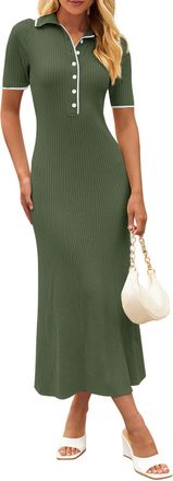 Merokeety Womens V Neck Ribbed Knit Maxi Dress Button Short Sleeve Slim Fit Bodycon Sweater Dress, Armygreen, L
