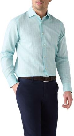 Robert Talbott Reynolds Blue Windowpane Cotton Linen Blend Shirt in Contemporary fit in Green at Nordstrom, Size 17.5 - 35