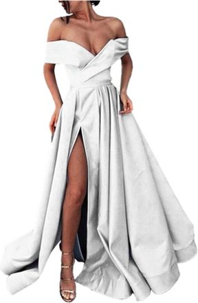 Generic Long Dresses for Women UK Party Evening Elegant Prom Dress Deep V Off Shoulder Slit Elastic Waist Dress Vintage A-Line Long Dresses Wedding Bridesmaid
