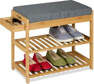 Relaxdays Relaxdays Shoe Bench, Footwear Rack, Padded Seat with Drawer, 2 Tiers, 49 x 55 x 30 cm, Bamboo & Linen, Natural/Grey