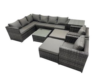 Fimous Patio Furniture Sets with Corner Sofa Square Coffee Table 2 Big Stool in Dark Grey