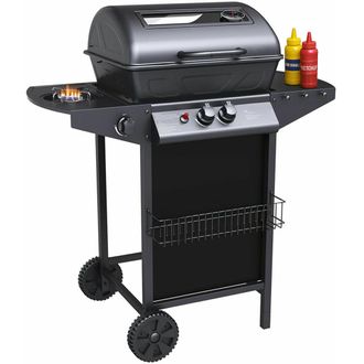 OEM Barbecue A Gas Pietra Lavica 2 Fuochi + Fornello Piano Laterali Griglia Acciaio