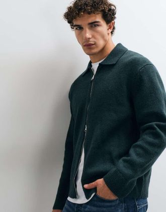 Arket cardigan in pura lana con zip e colletto polo verde scuro