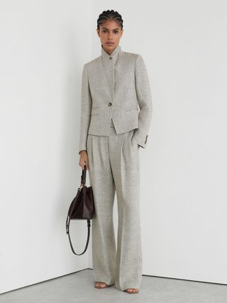 Reiss Neutral Petite Herringbone Linen-blend Straight-leg Suit Trousers, 12
