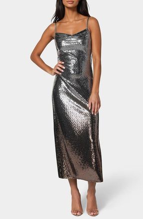 Bebe Ombr&eacute; Metallic Dot Print Midi Dress in Silver/Black at Nordstrom Rack, Size X-Small