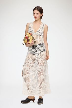 Ganni White Long Dress in Cotton Crochet - Size S Organic
