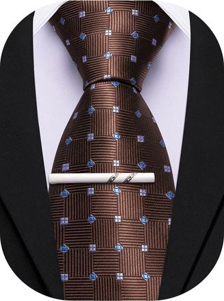 Barry.Wang Plaid Ties Mens Silk Necktie and Tie Clip Checkered Tie for Wedding Party Business Formal, Brown, One size