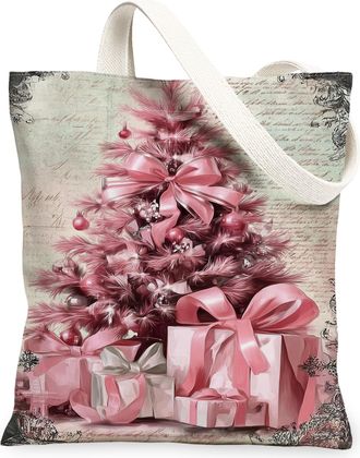 Generic Christmas Tree Canvas Tote Bags, Elegant Festive Design Reusable Grocery Bags, Vintage Lightweight Washable Shoulder Strap, Peach, 13x15 Inch