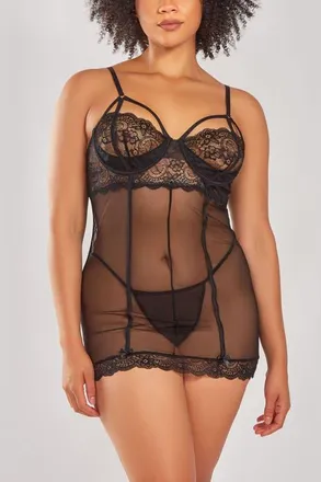 iCollection Romantic Lace Soft Cup Chemise & Panty Set in Black at Nordstrom, Size 2X
