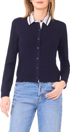 Halogen Stripe Collar Twofer Cardigan in Classic Navy/White/Grey at Nordstrom Rack, Size Medium