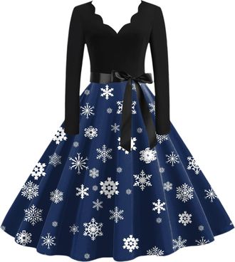 Generic Christmas Dresses for Women Xmas Prin Ladies Elegant A Line Christmas Costumes Loose Round Neck Christmas Dress Long Sleeve Cocktail Dress Funny Years