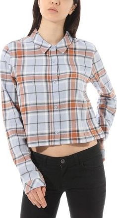 Vans Box Car II Shirt Womens Blue Plaid Flannel Button Up Cropped ASM101