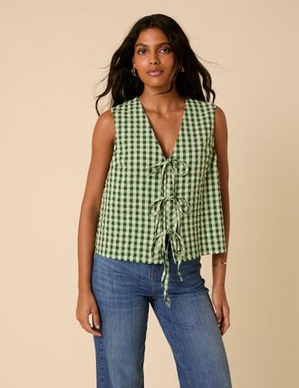 Nobody's Child Green Gingham Tie Front Tessa Top