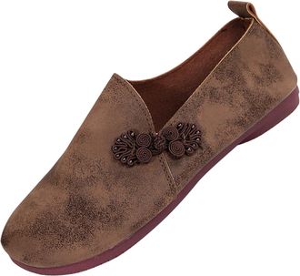 Generic Brown Womens Fashionable Casual Versatile Eye Catching Lightweight Shallow Mouth Large Size Flat Bottomed Round Toe Soft Leather Low Top Loafers for L