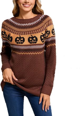 Generic Womens Pumpkin Ghost Face Halloween Sweater Pullover Long Sleeve Crewneck Casual Knitted Sweaters Jumper Tops