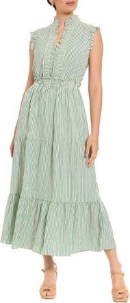 London Times Stripe Ruffle Neck Sleeveless Tiered Maxi Dress in Aventurine at Nordstrom Rack, Size 12P