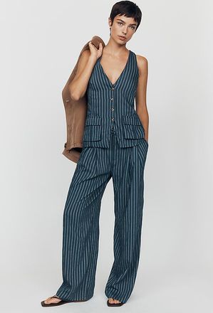 Maeve Avery Pinstripe Wide-Leg Pleated Trousers Pants