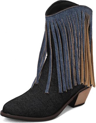 Generic Womens Denim Fringe Western Boots Pointed Toe Block Heels Tie-Dye Pattern Mid-Calf Height Comfortable Stylish For Casual Daily Wear,Black,9.5 UK