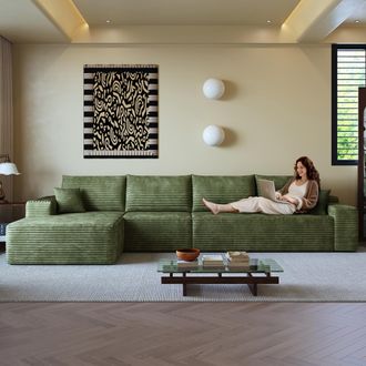 STILVORA Divano Modulare 4 Posti In Velluto A Coste Con Chaise Longue Sinistra, Senza Montaggio, Verde