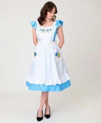 Unique Vintage 1950s Ruffled Apron Swing Dress in Blue & White Alice Print at Nordstrom, Size Medium