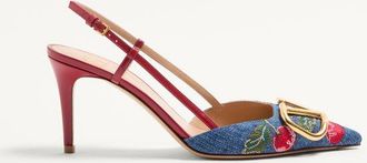 Valentino Garavani VLogo Signature Slingback Pumps In Denim With Cherryfic Embroidery 80Mm Wo