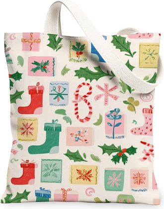 Generic Christmas Gifts Canvas Tote Bags, Colorful Holiday Design Reusable Grocery Bags, Vintage Lightweight Washable Shoulder Stra, White, 13x15 Inch