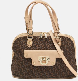 DKNY Dkny Brown/blush Pink Jacquard Canvas And Leather Dome Satchel