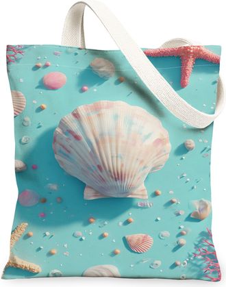 Generic Beachy Seashell Canvas Tote Bags, Vintage Ocean Pattern Reusable Grocery Bags, Lightweight Washable Shoulder Strap Canvas F, Blue, 13x15 Inch