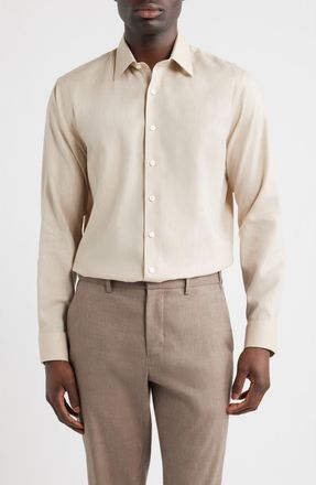 Nordstrom Trim Fit Premium Silk Herringbone Dress Shirt in Tan Chambray Herringbone at Nordstrom, Size 17.5 - 32