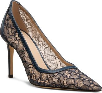Stuart Weitzman Stuart Power 85 Lace Pointed Toe Pump in Deep Sea Blue/Beige at Nordstrom, Size 7.5