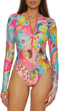 Trina Turk Long Sleeve Zip-Up One-Piece Rashguard Swimsuit in Pink Multi at Nordstrom, Size Medium