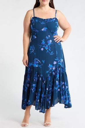 Sugarlips Niva Floral Hendra Pleated Midi Dress in Navy-Blues at Nordstrom, Size 3X