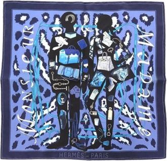 Herm&egrave;s Pre-owned Scarves, female, Blue, Size: ONE SIZE Pre-owned Monsieur et Madame Silk Scarf