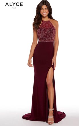 Alyce Paris Long Jersey Knit Beaded Halter Dress In Wine