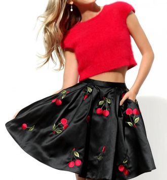 Sherri Hill Fuzzy Crop Top With Cherry Embroidered A-Line Skirt In Red/black