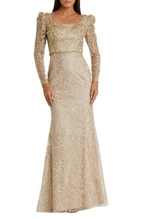 Mac Duggal Embroidered Applique Shoulder Detail Trumpet Gown in Light Gold at Nordstrom, Size 14
